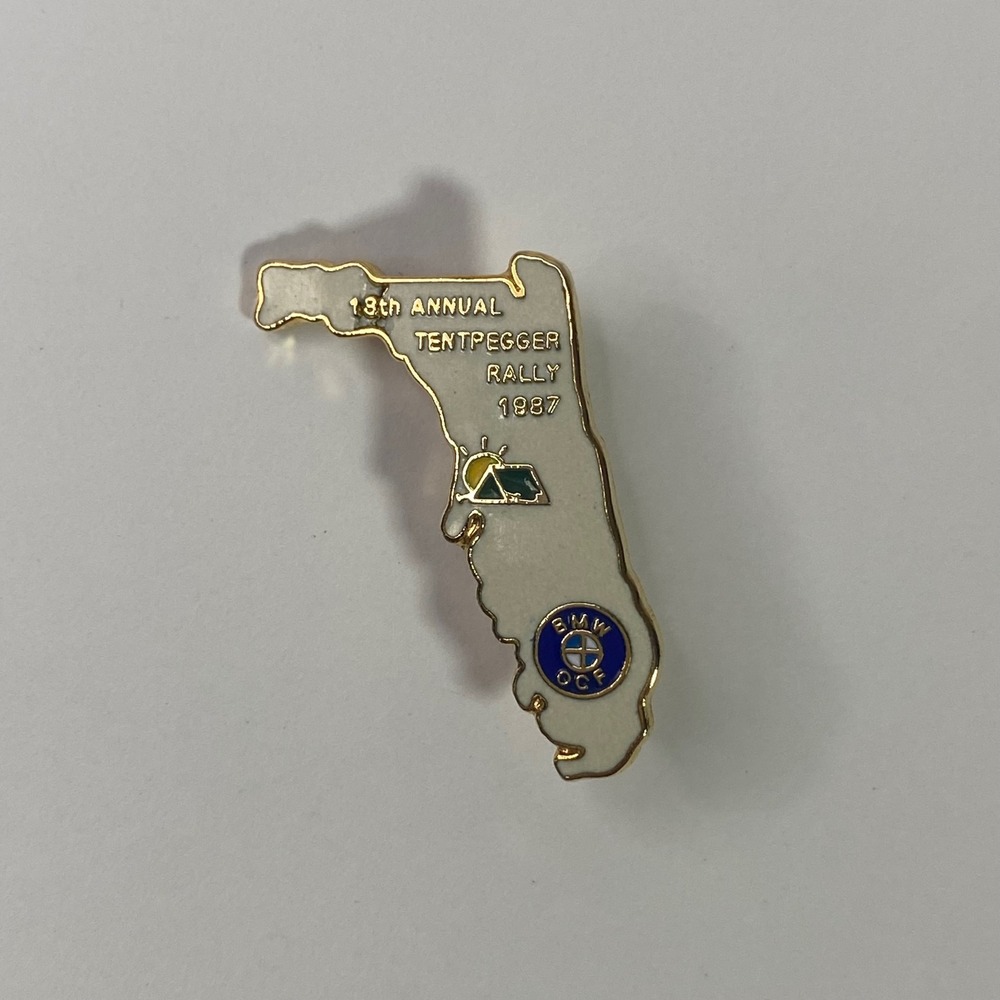 Vintage 1987 BMW OCF Florida 13th Annual Tentpegger Rally Enamel Pin State Shape